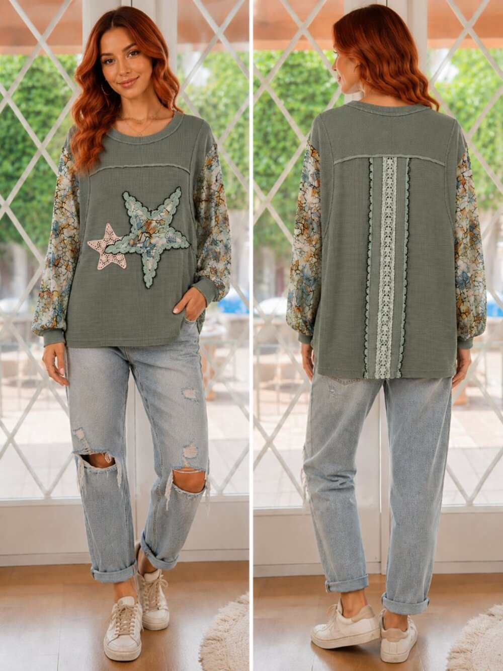🌿⭐ POL Sage Star Patch Waffle Knit Top | Size Small | Boho Chic ⭐🌿 - Picture 1 of 9
